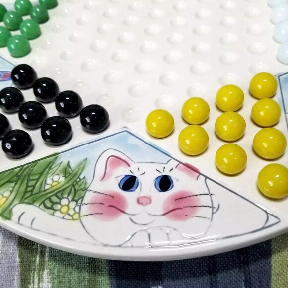 Rare Ceramic Chinese Checkers Cat And Butterfly Board And Marbles Complete Set - Picture 2 of 13